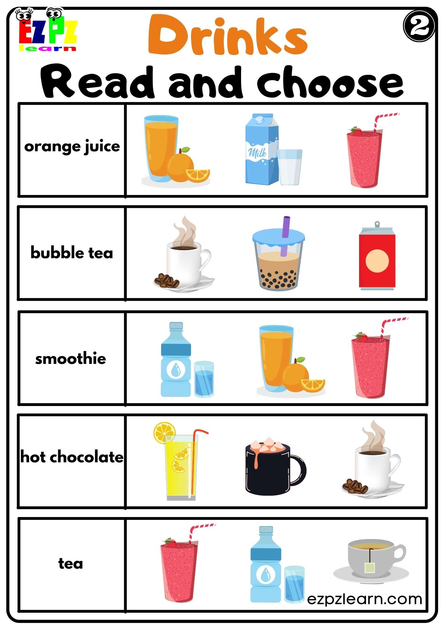 Drinks Read and Choose Worksheet for Kids K5 and ESL PDF Download Set 2